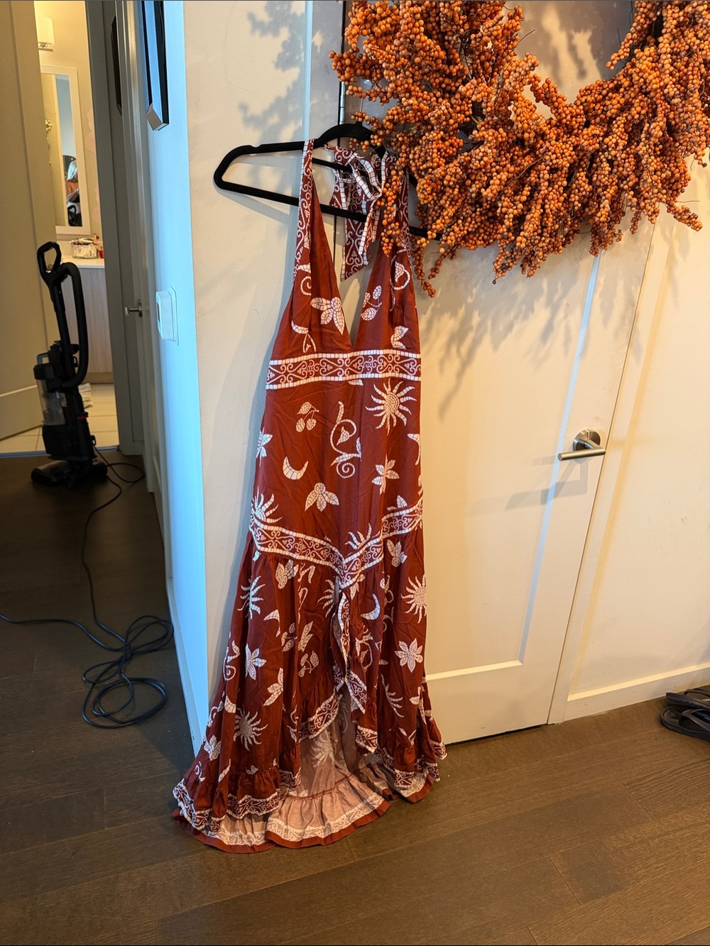 Anthropologie Rust Brown Maxi Dress with White Print